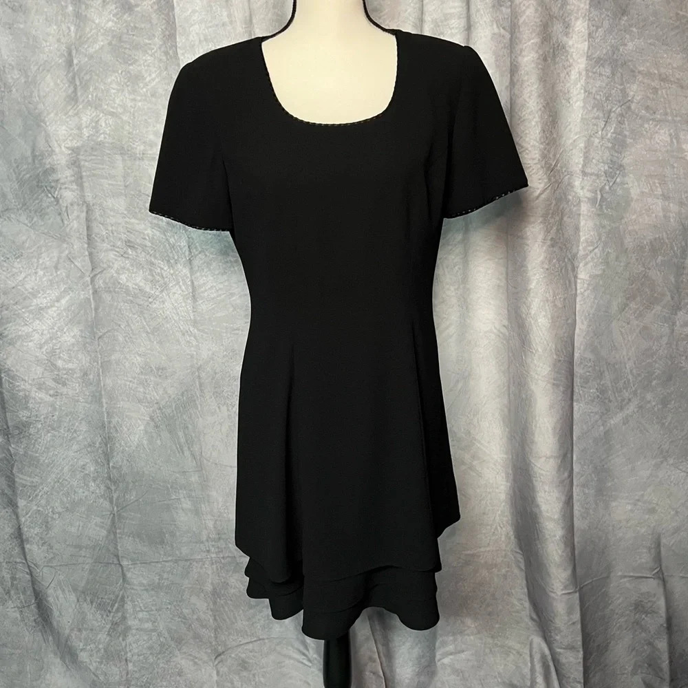 Vintage Liz Claiborne Dresses Black Layered Skirt Square Neck Short Sleeve Dress